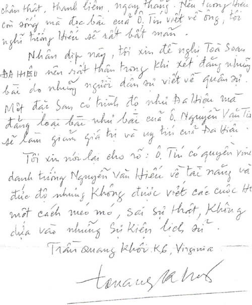 Open letter from General Tran Quang Khoi