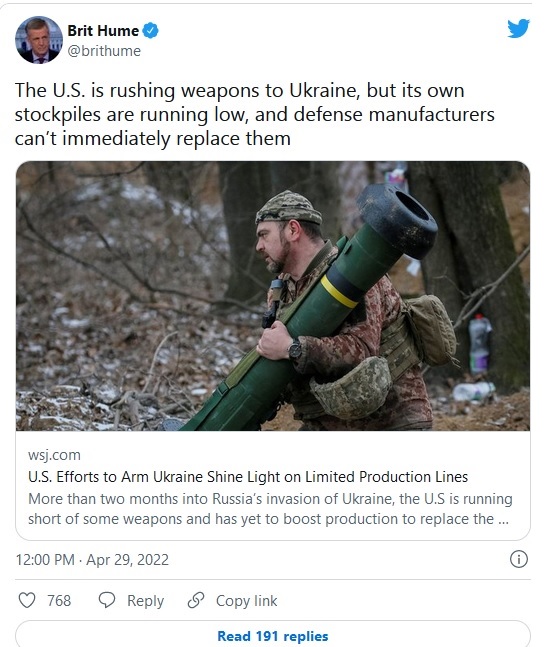 The U.S. is rushing weapons to Ukraine, but its own stockpiles are running low, and defense manufacturers can’t immediately replace them