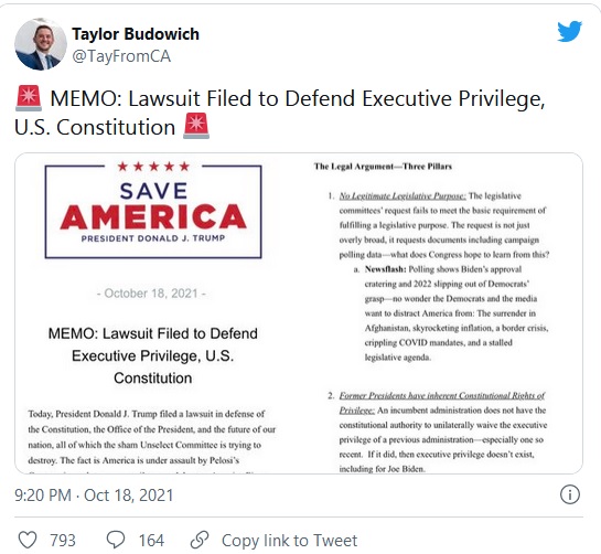 Taylor Budowich, Save America, MEMO: Lawsuit Filed to Defend Executive Privilege, U.S. Constitution